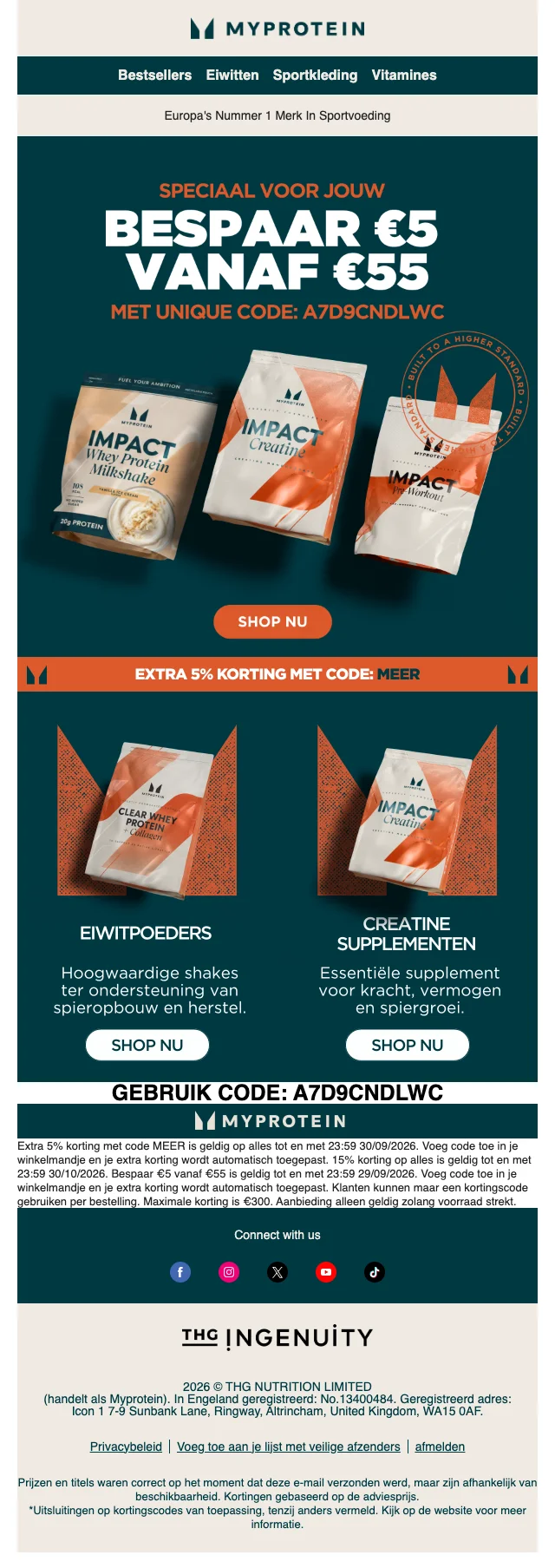 Bewijs van kortingscode - Myprotein - Kortingscode: [[€5 korting]] bij besteding vanaf €55