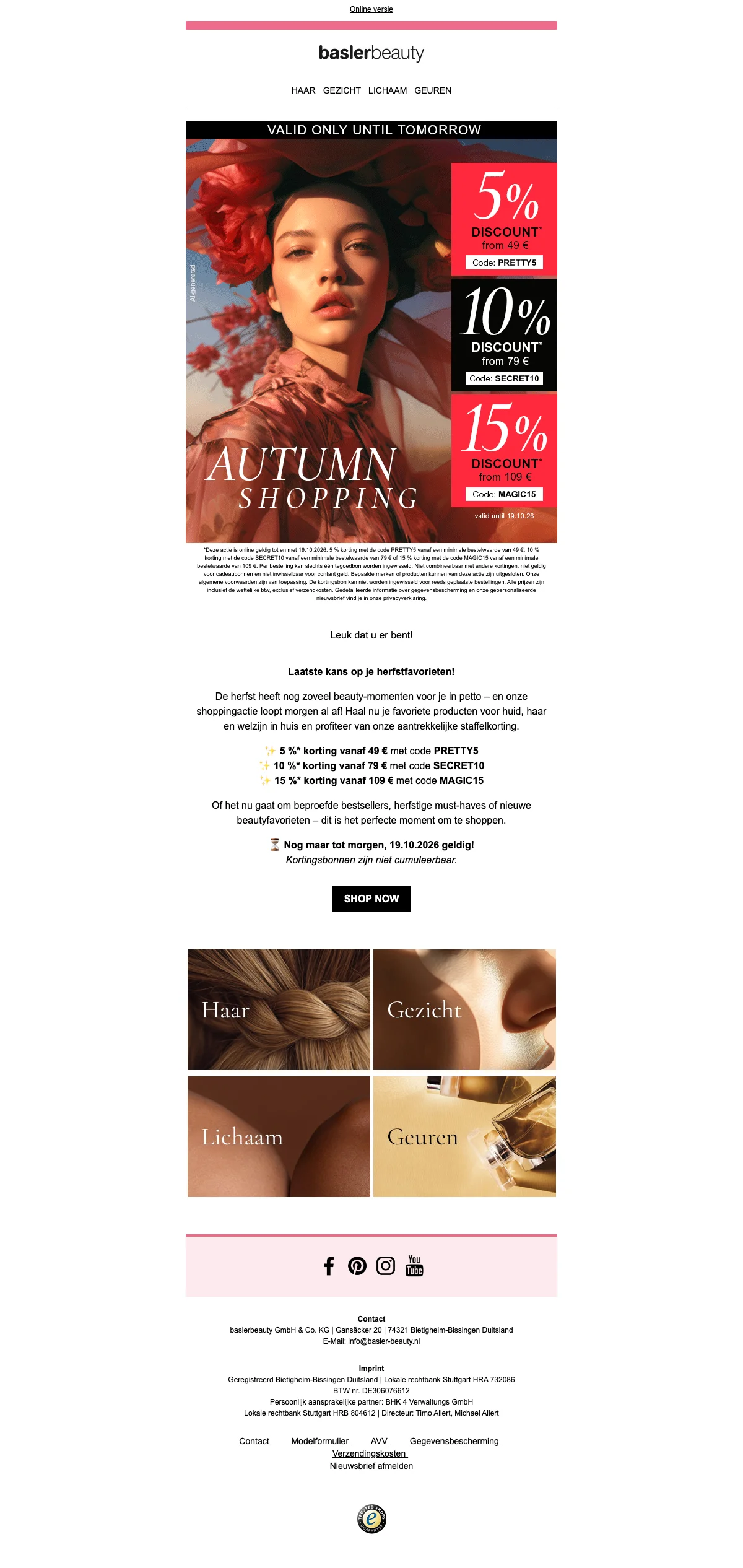 Bewijs van kortingscode - basler beauty - Herfstfavorieten: 15% korting op haar, gezicht, lichaam en geur vanaf €109