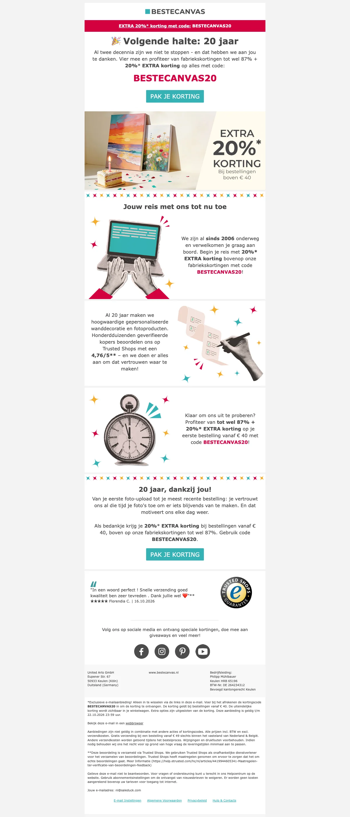 Bewijs van kortingscode - Bestecanvas - Kortingsactie: 20% extra korting op alles bovenop fabriekskortingen vanaf €40